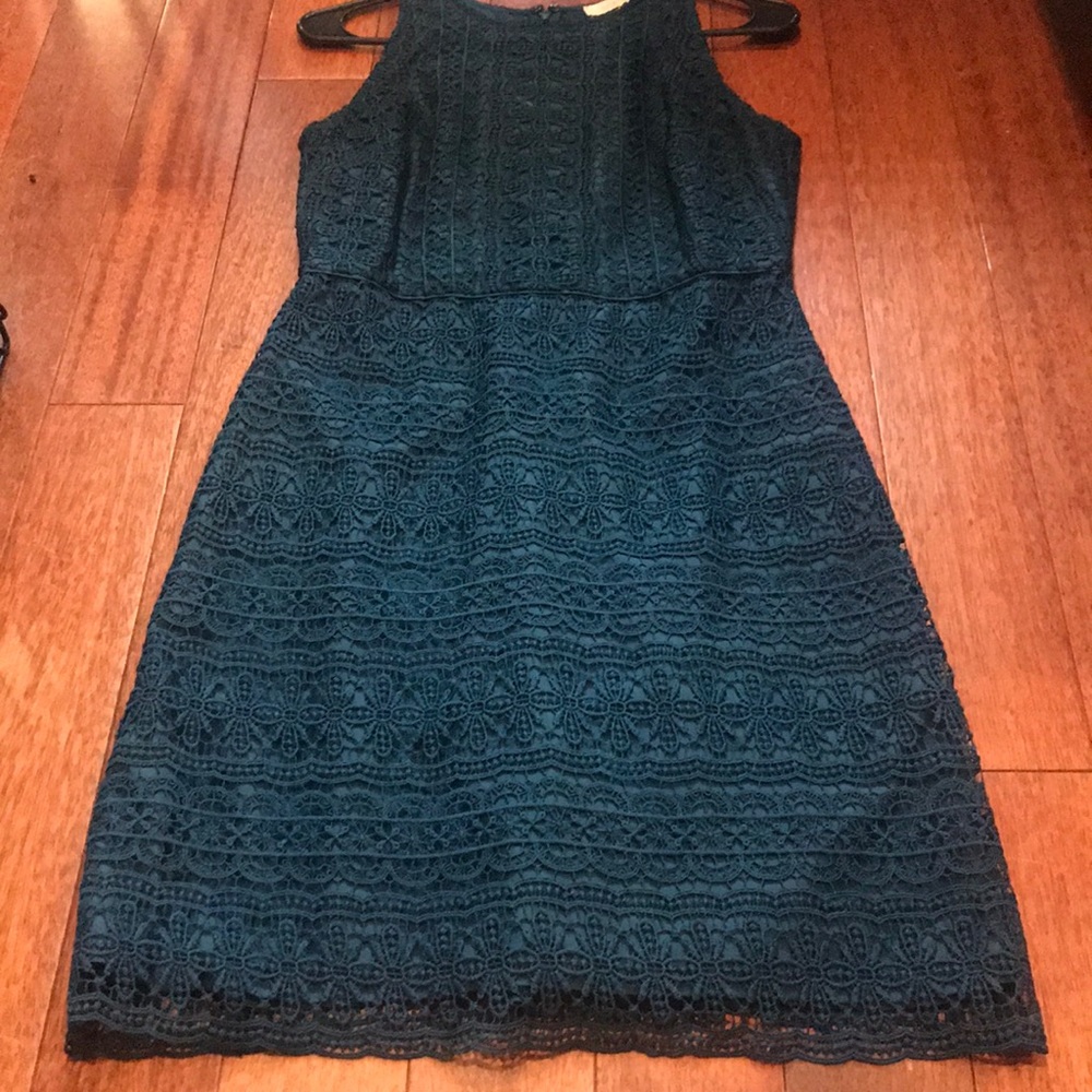 Teal Loft dress with lace overlay